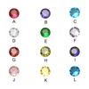 Eine Übersicht mit farbigen Edelstein-Imitaten, geordnet in drei Spalten. Die Farben reichen von Rot, Violett und Blau über Grün, Weiß und Gelb bis hin zu Rosa und Orange, jeweils mit Buchstaben A bis L zur Kennzeichnung.